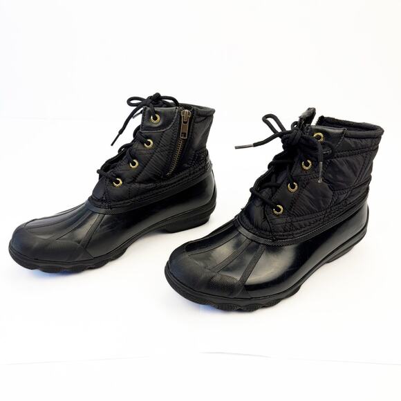 Sperry Black Waterproof Rubber Nylon Quilted Lace Up Gulf Duck Fleece Boots 7M - Picture 1 of 13